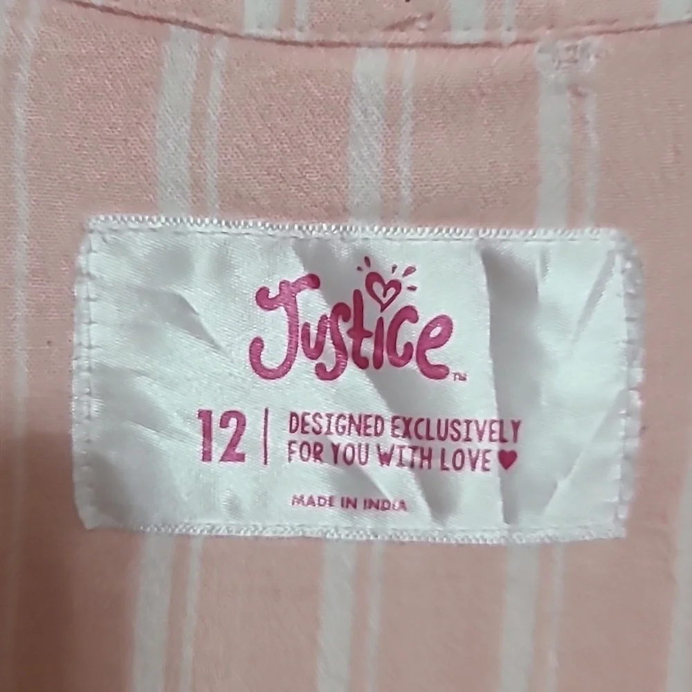 JUSTICE Girls Pink White‎ Striped Button Up Tie at Waist Blouse - Size 12